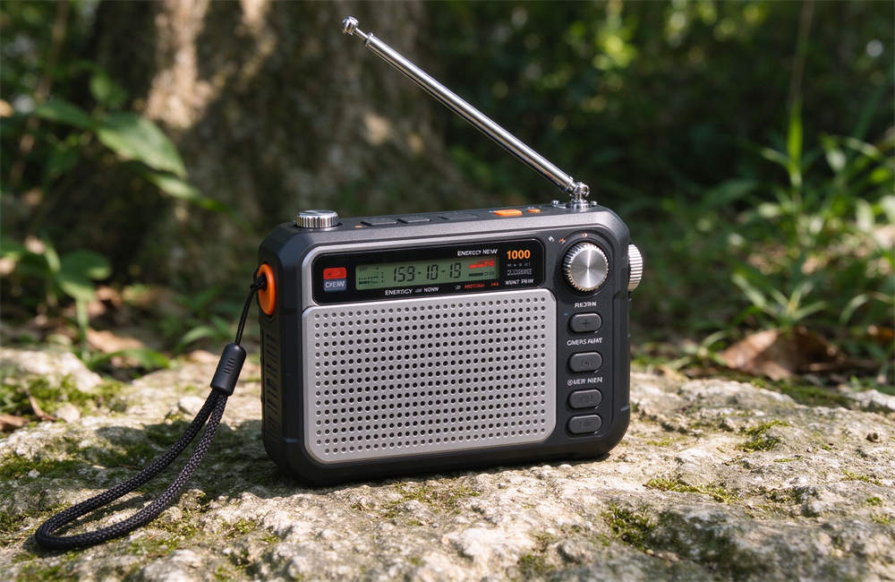 Portable hand-crank emergency radio on a rock, no batteries needed, emergency radio wholesale for coastal regions.