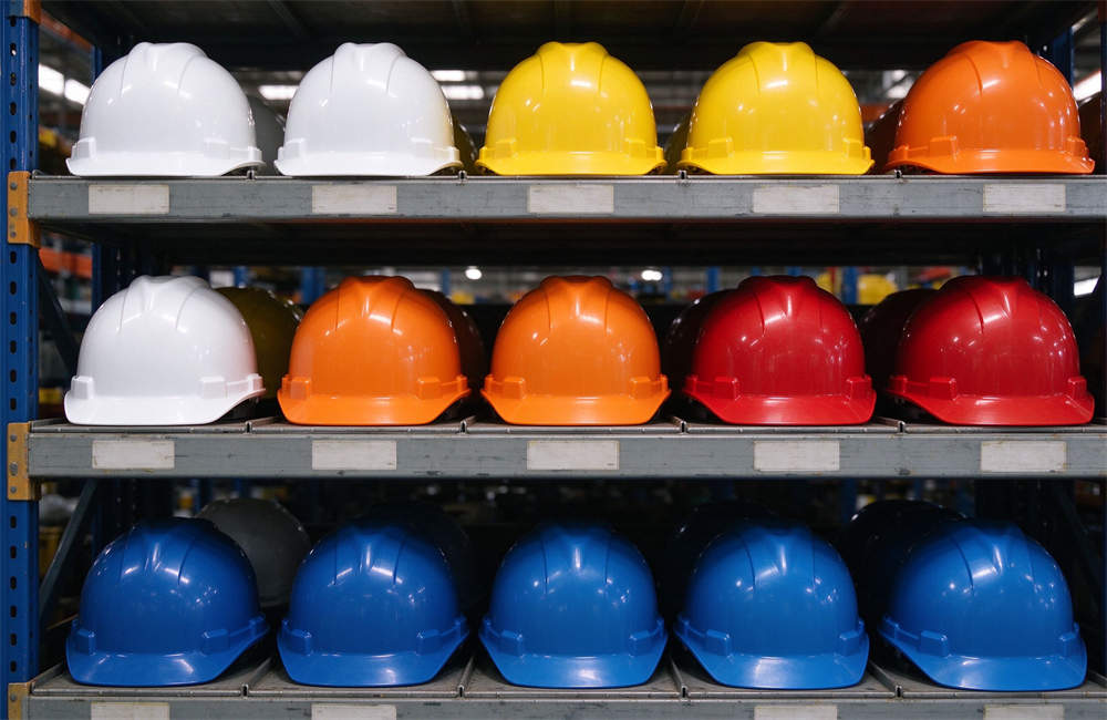Warehouse shelf with life vests, safety helmets, and emergency supplies in multiple colors, bulk tsunami emergency kit inventory.