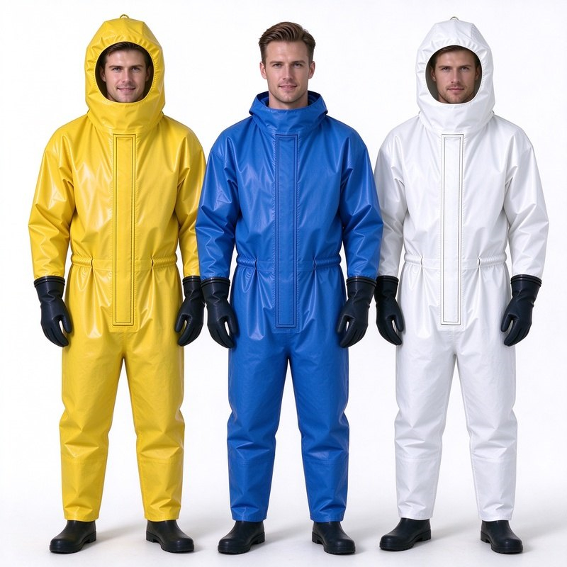 Three full body chemical protective coveralls in yellow, blue and white, fitted with rubber gloves and safety boots, heavy duty hazmat suits for hazard protection Three full body chemical protective coveralls in yellow, blue and white, fitted with rubber gloves and safety boots, heavy duty hazmat suits for hazard protection