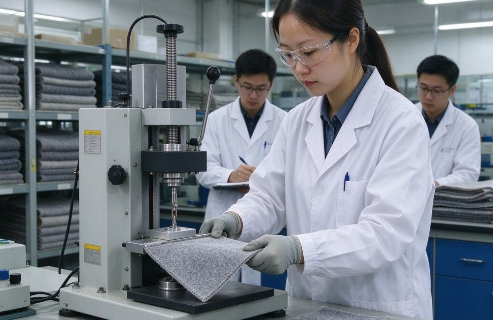 Asian female lab technician tests the tensile strength of a grey blanket sample on a fabric strength tester while a male colleague records data in a textile laboratory