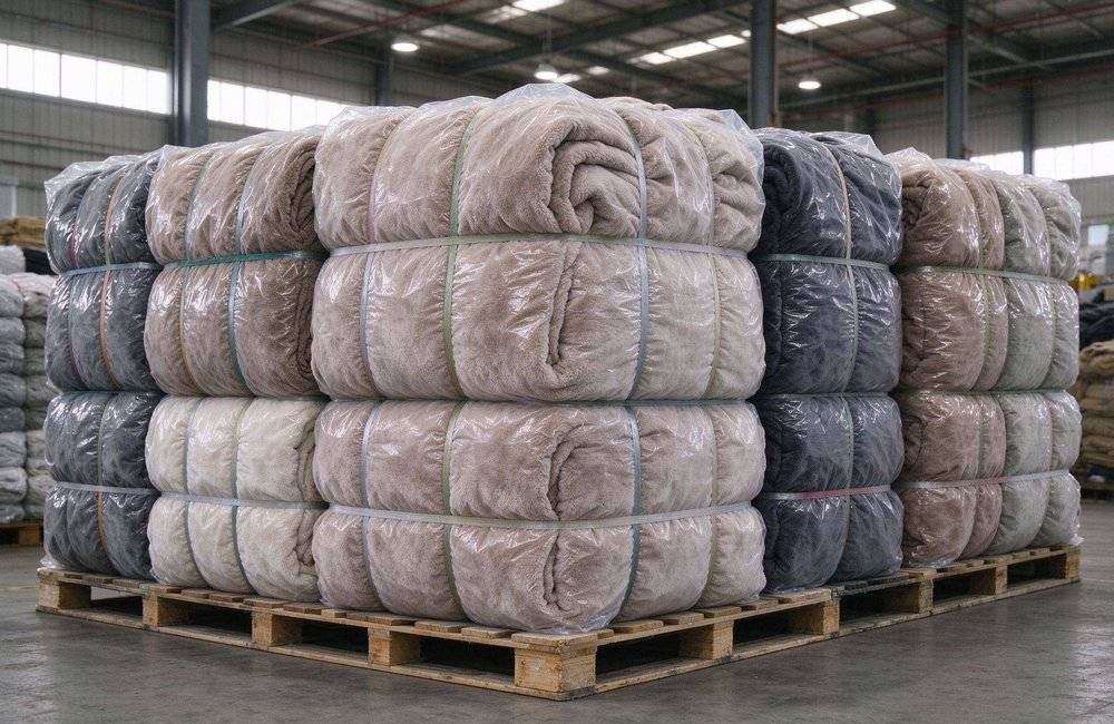 Compressed humanitarian relief blankets bales wrapped in waterproof liner and strapped at a bright warehouse, showing bulk refugee blankets wholesale packing for ocean freight