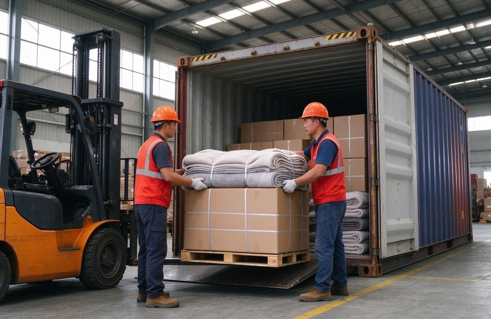 Container loading of humanitarian relief blankets cartons at a bright dock with workers and forklift, showing UN approved relief blankets bulk shipment logistics