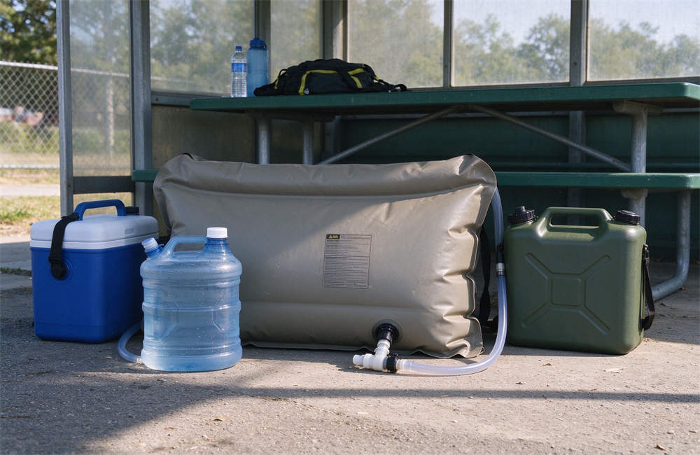 Foldable water bladder tanks in blue and green colors, portable emergency water storage for food safety and drinking water supply in disaster relief operations
