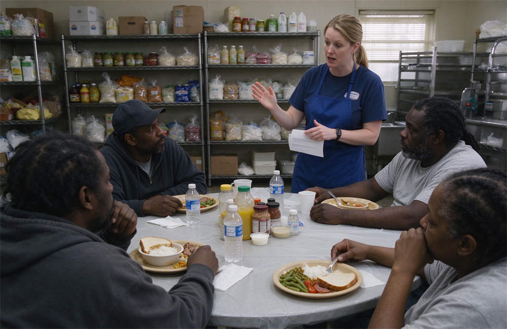 Volunteer giving food safety briefing to group of shelter residents, food hygiene education and outreach materials for emergency disaster relief kitchen programs