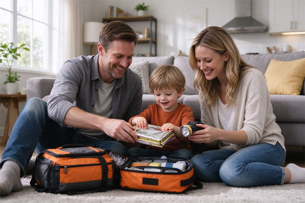 Family preparing 72 hour emergency kit checklist with disaster preparedness supplies, water storage, and go bag essentials for NGOs