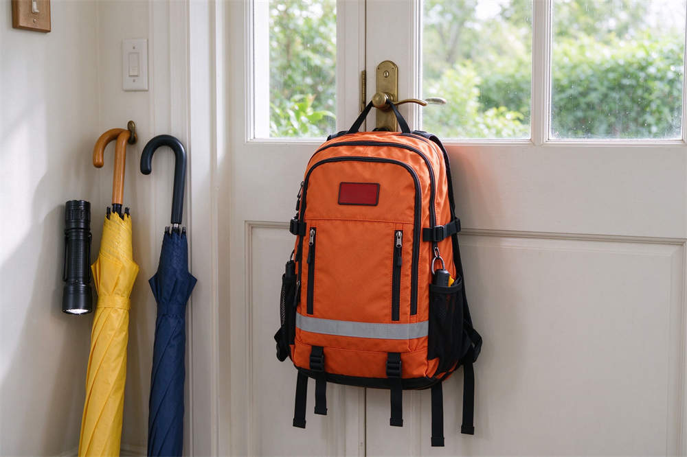 Go bag essentials hanging on front door ready for evacuation, emergency survival kit supplies for quick disaster response and safety