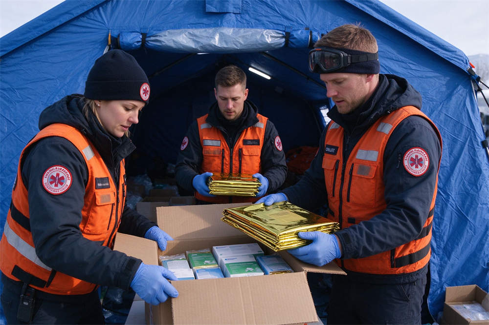 NGO emergency kit distribution scene with rescue workers handing out survival blankets, bulk disaster preparedness supplies for relief projects