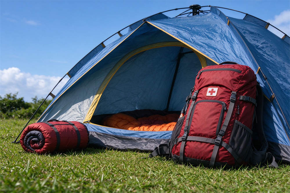 Disaster preparedness camping scene with tent, emergency backpack, and sleeping bag, demonstrating go bag essentials for outdoor survival