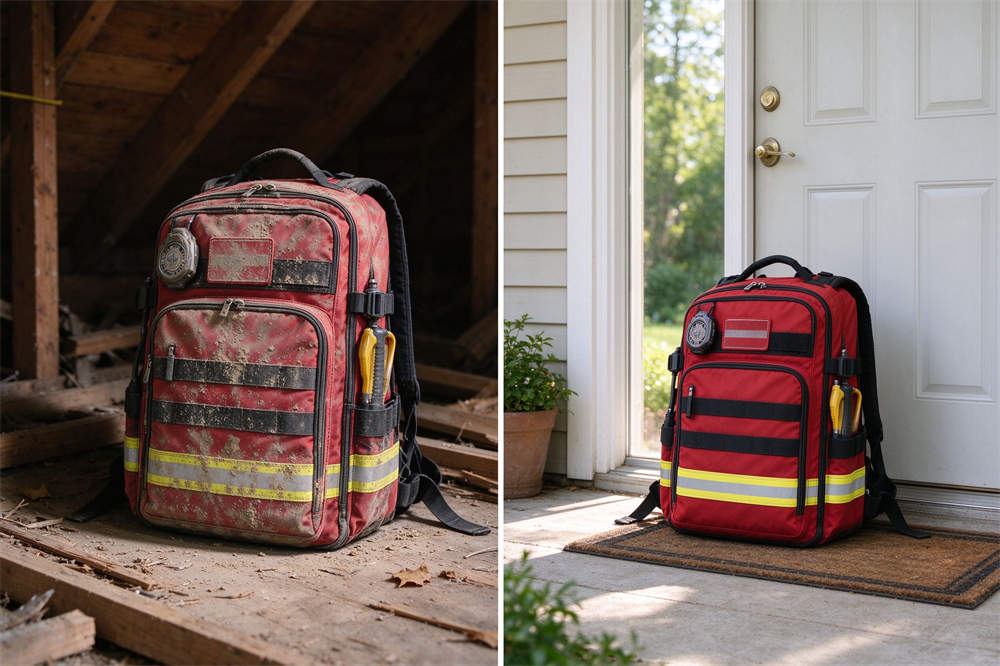 Emergency kit storage best practices comparison: wrong attic storage vs correct front door location, go bag essentials checklist tips