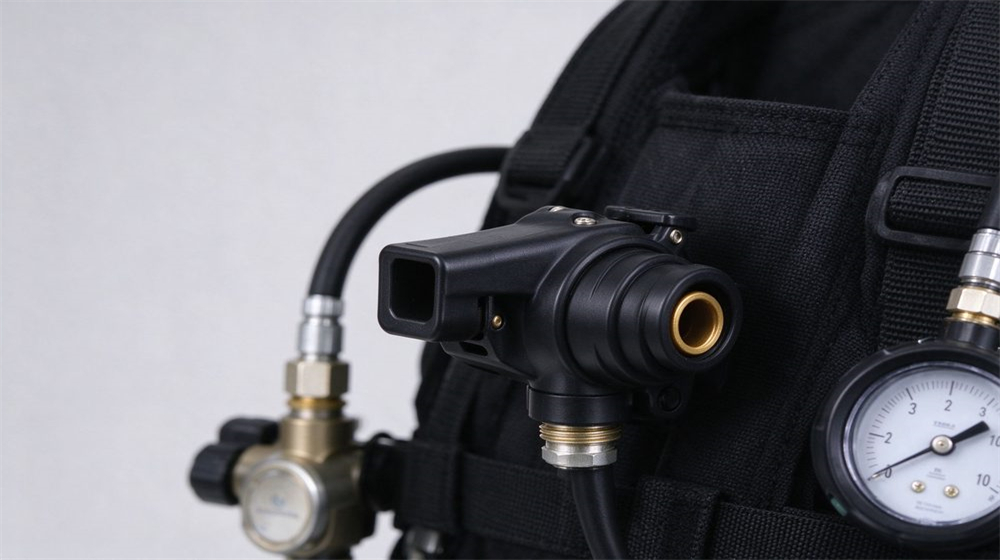 Close-up studio shot of an SCBA low air alarm whistle and pressure regulator mounted on black back plate, gauge needle visible, light gray background