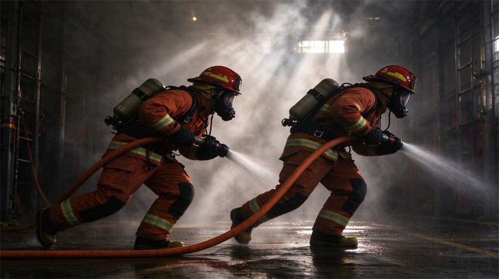 Interior wide shot of a structural fire attack with thick dark smoke filling a corridor, firefighters in full PPE advancing low to the ground, orange emergency lighting and haze, tense rescue atmosphere