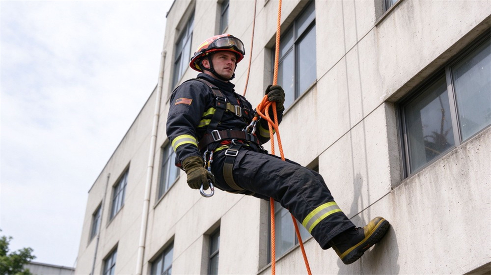Outdoor daytime shot of a firefighter in full gear rappelling down the side of a multi story building on a thick rope harness, concrete facade and windows, controlled descent technique, professional rescue training Outdoor daytime shot of a firefighter in full gear rappelling down the side of a multi story building on a thick rope harness, concrete facade and windows, controlled descent technique, professional rescue training