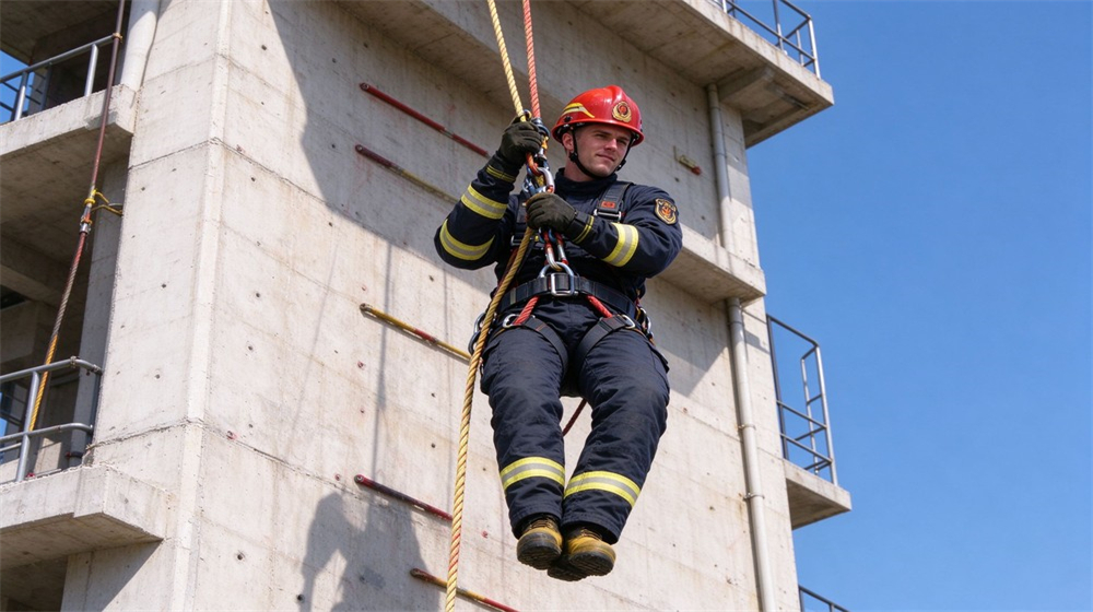 Firefighter with safety harness and helmet descends using rescue rope beside concrete training tower Firefighter with safety harness and helmet descends using rescue rope beside concrete training tower