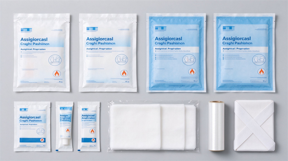 Studio flat lay of assorted sterile burn dressing packages on light gray background, multiple sealed white and blue packaging packets, burn gel sachets, non adherent gauze pads, cling film roll and triangular bandage arranged neatly Studio flat lay of assorted sterile burn dressing packages on light gray background, multiple sealed white and blue packaging packets, burn gel sachets, non adherent gauze pads, cling film roll and triangular bandage arranged neatly