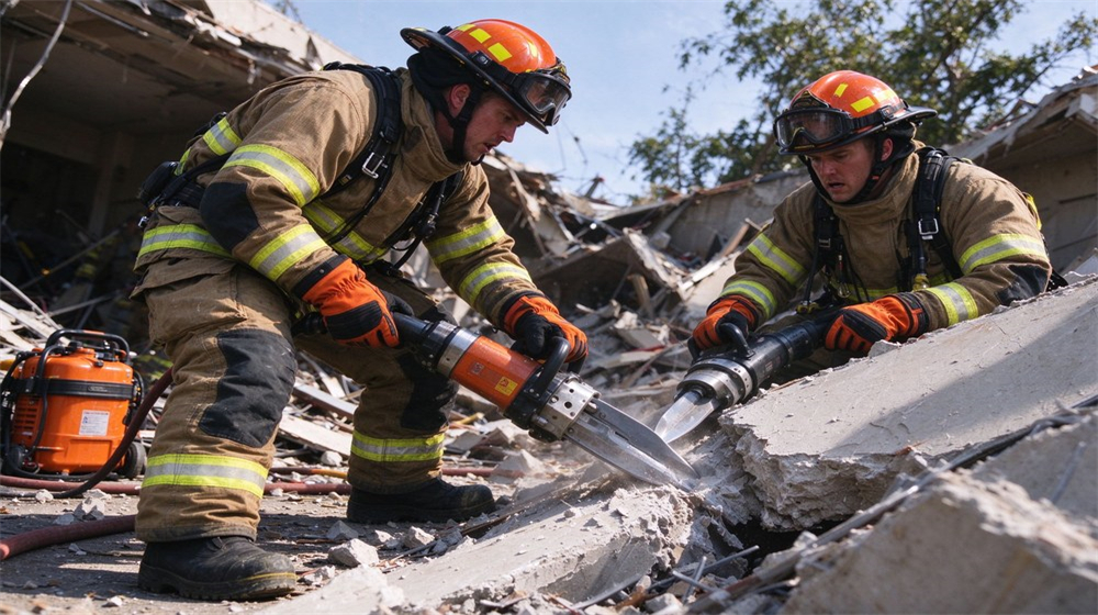 Firefighter rescue extrication scene with crew in full turnout gear working around a vehicle incident, daytime outdoor setting, different male faces, focused rescue posture, turnout gear with reflective stripes visible
