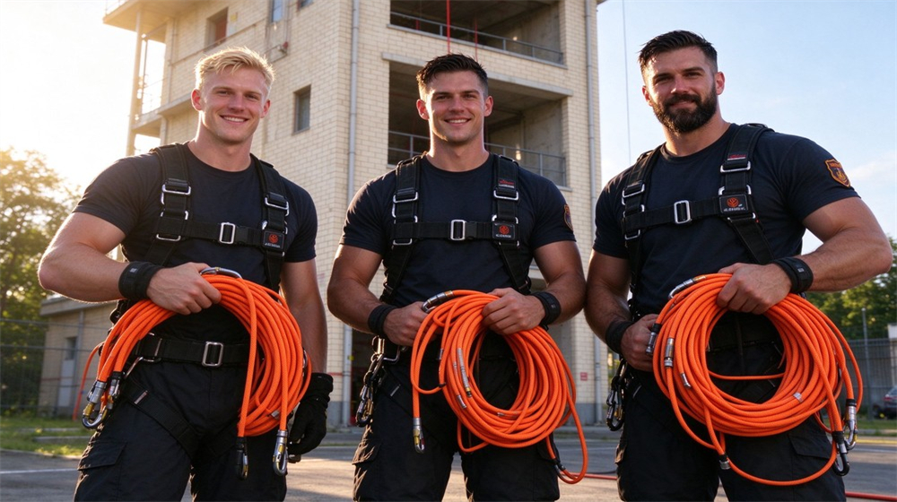 Three rescue specialists wearing safety harnesses, each holding coiled bright orange technical rescue rope equipped with metal connectors Three rescue specialists wearing safety harnesses, each holding coiled bright orange technical rescue rope equipped with metal connectors