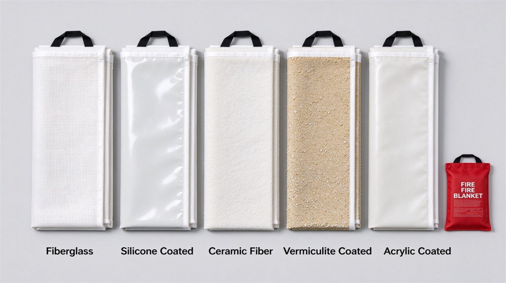 Studio product shot comparing five fire blanket material samples on light gray background: fiberglass, silicone coated, vermiculite, PTFE and carbon fiber blankets in folded stacks