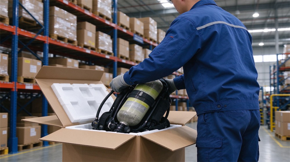 Bright export warehouse scene with an Asian male worker packing fire fighting gear into brown cartons printed with English shipping labels, pallets and stretch wrap in background
