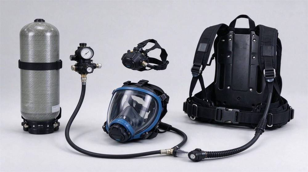 Self-contained breathing apparatus components laid out, carbon fiber air cylinder, full face mask, pressure gauge assembly and backplate harness.