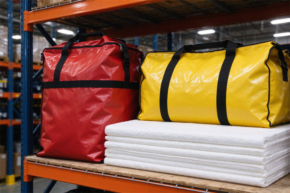 Spill kit supplies on warehouse shelf: red and yellow containment bags, absorbent pads, HazMat equipment for chemical spill response