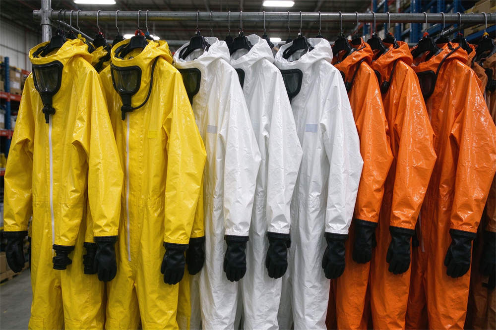 Rescue worker wearing full PPE on chemical spill site, chemical emergency kit gear for HazMat response and safety operations