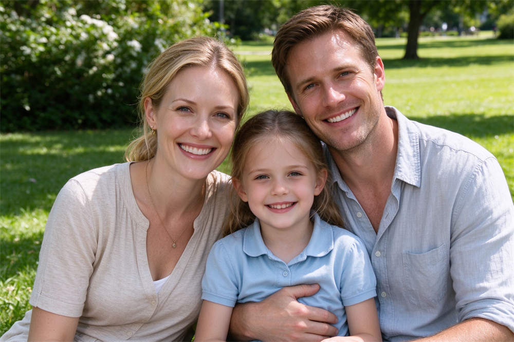 Family recovered enjoying sunlight in park, influenza preparedness success story after flu season recovery