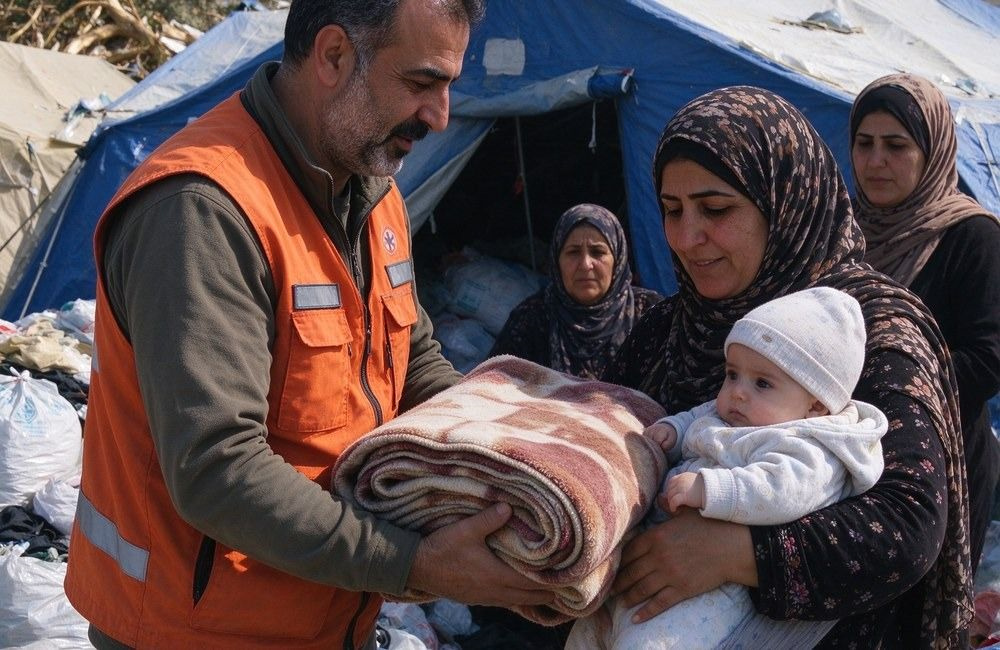 Middle Eastern volunteer in an orange vest hands folded relief blankets to a mother holding a baby at a cyclone displacement site with tents and supplies behind them