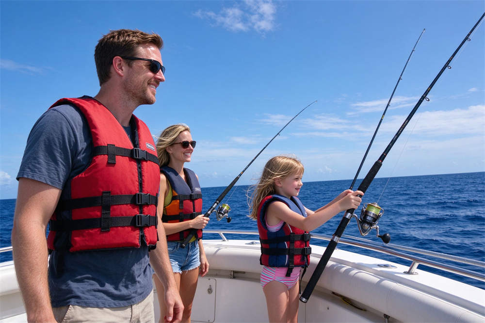 Family on boat fishing wearing life jackets, water safety practices and PFD use for recreational boating safety