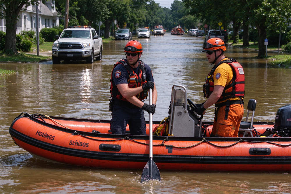 Flooded street rescue boat navigation, water safety kit equipment for flood emergency response and rescue operations