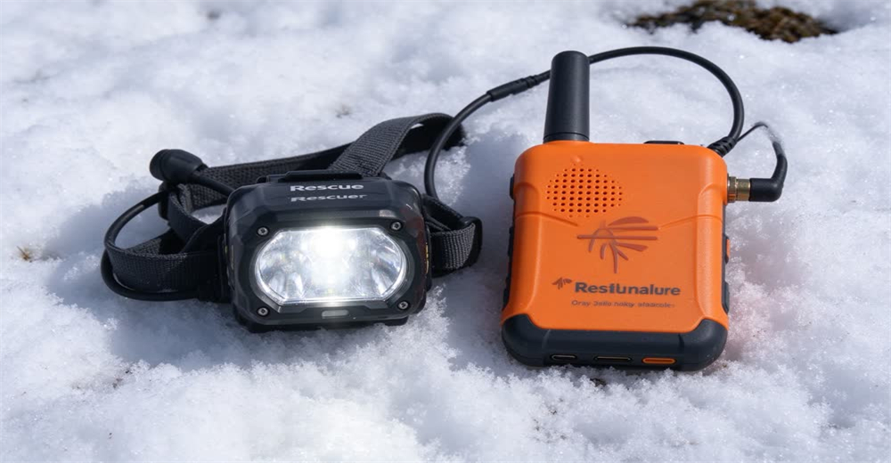 Close-up of rescue headlamp and satellite communicator on snowy mountain showing lighting and communication gear
