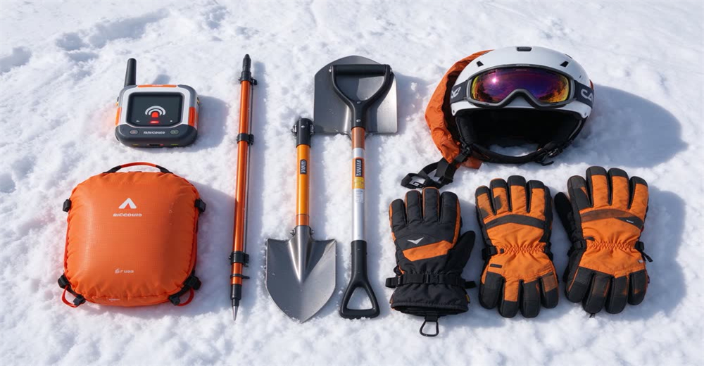 Wide view of rescuer checking avalanche beacon and probe backpack at trailhead showing gear inspection