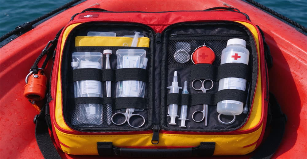 Front view of red waterproof marine first aid kit showing water-resistant medical supplies for boat use