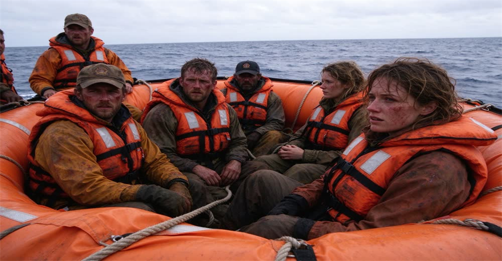 Wide view of survivors inside orange life raft waving for help in open ocean showing rescue waiting scenario