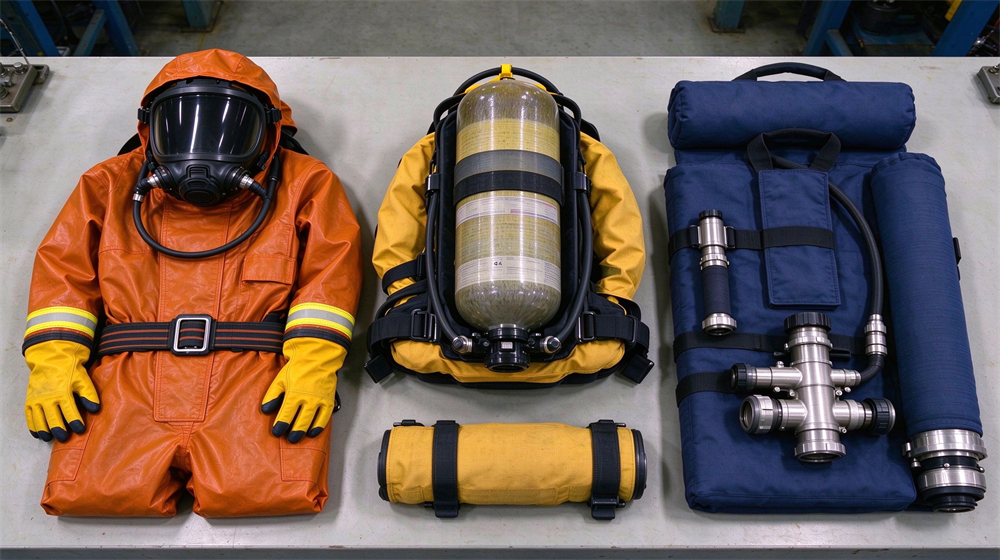 Orange chemical protective suit, air breathing apparatus and fire hose equipment neatly laid flat on inspection table