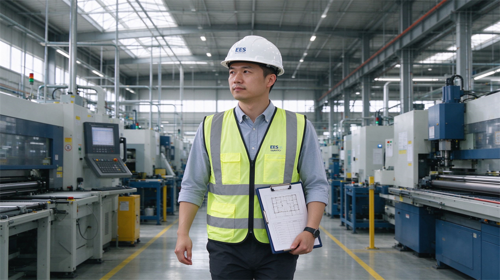 Factory inspector with white hard hat and high visibility safety vest holds clipboard while walking through manufacturing workshop