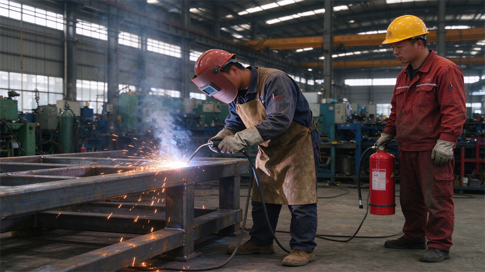 Welder with welding helmet works on steel frame while another worker stands by with fire extinguisher in factory workshop
