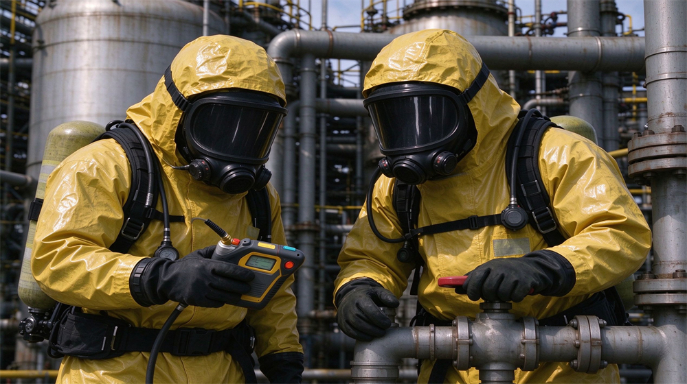 Two workers in yellow chemical protective suits use gas detector and operate pipeline valve at chemical plant
