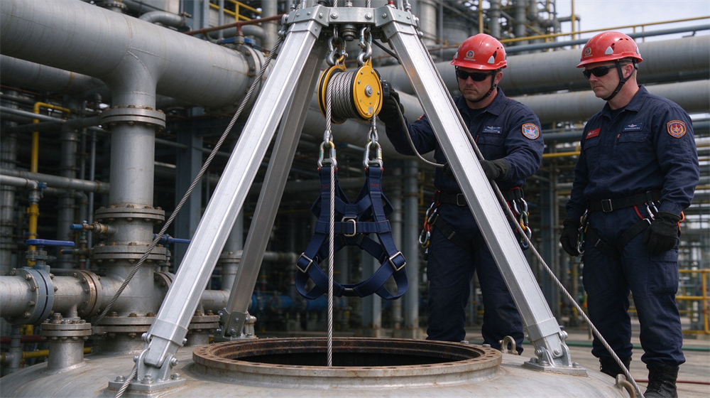 Two rescue technicians with red safety helmets operate confined space rescue tripod and winch above tank opening at petrochemical site.