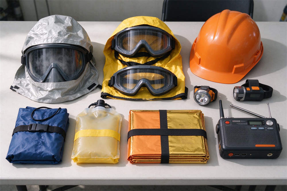 Volcano eruption relief products flat lay: smoke hoods, goggles, helmets, rain gear, water bladders, headlamp radio, no walkie talkies