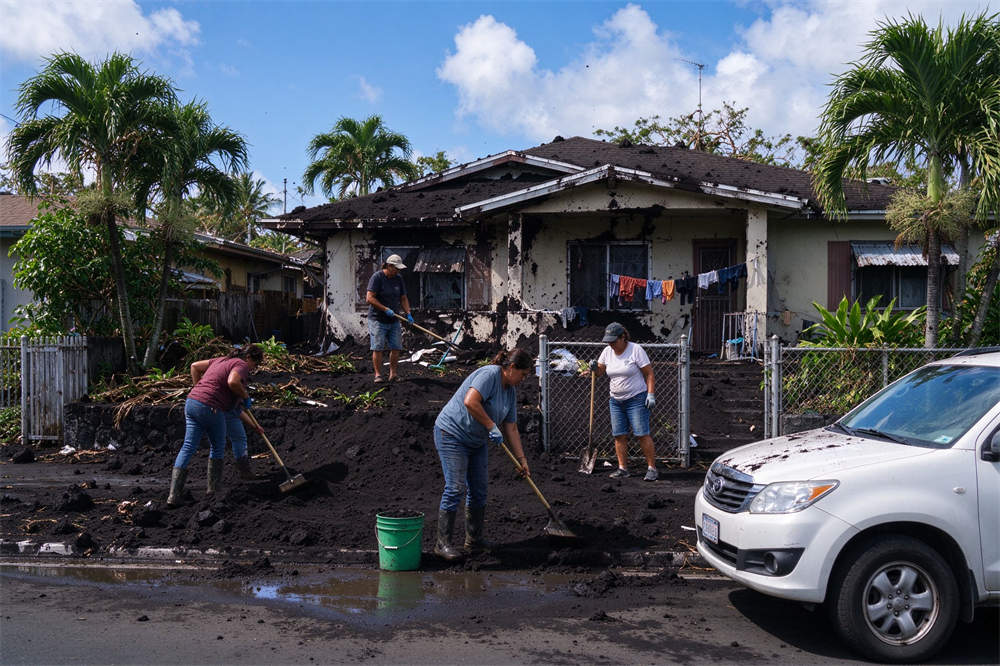 House covered in volcanic ash with residents cleaning up, volcanic ash preparedness cleanup supplies and procedures