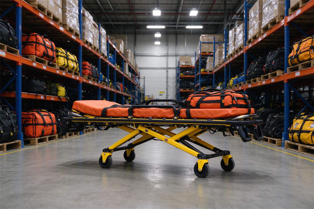 Rescue stretcher in warehouse, volcano emergency response medical equipment for evacuation and rescue operations