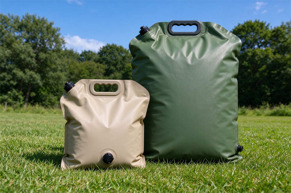 Foldable water bladders on grass, emergency water storage for volcano eruption relief and disaster preparedness