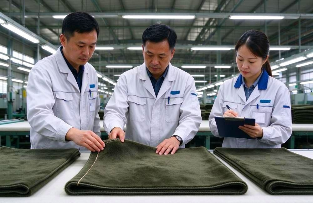 Three quality inspectors examine graded olive wool blend blanket samples while recording test data on clipboard in the textile factory inspection room